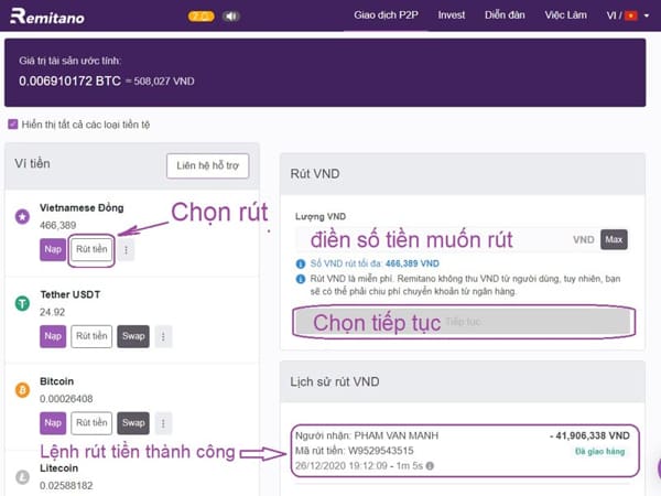 Cách rút tiền Việt từ ví Vietnamese Đồng về ngân hàng
